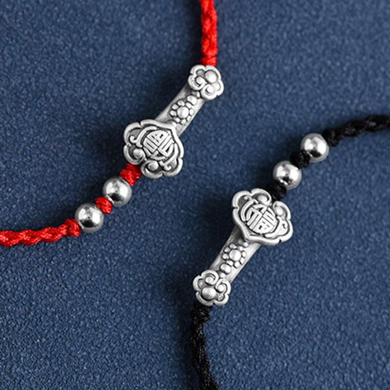 999 Sterling Silver Fu Character Ruyi Handle Red String Bracelet