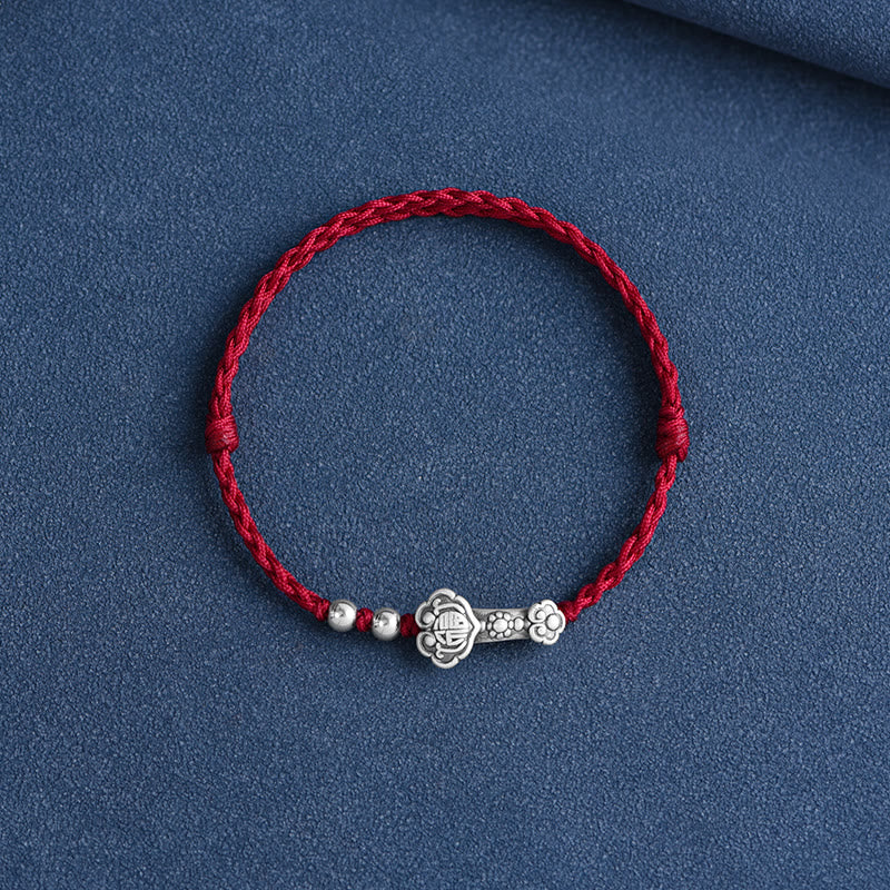 999 Sterling Silver Fu Character Ruyi Handle Red String Bracelet