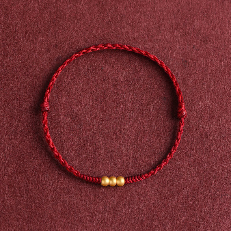 999 Gold Mini Red String Bracelet with Three Beads for Luck