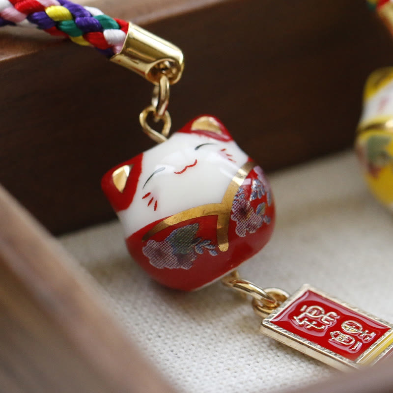 Ceramic Lucky Fortune Cat Phone Hanging Decoration for Wealth