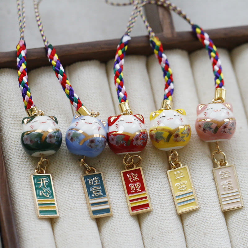 Ceramic Lucky Fortune Cat Phone Hanging Decoration for Wealth