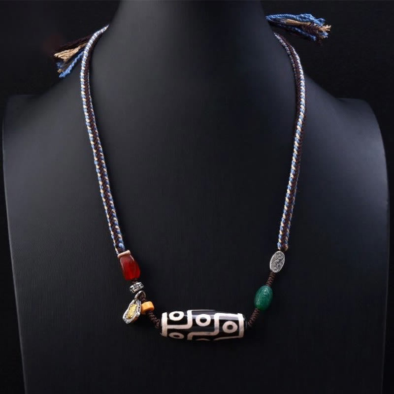 Nine-Eye Dzi Bead Protection Agate Necklace | Braided Rope