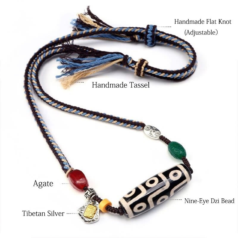 Nine-Eye Dzi Bead Protection Agate Necklace | Braided Rope