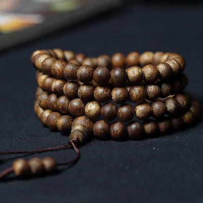 108 Wood Mala Bracelet in Green Qinan Agarwood for Peace & Strength