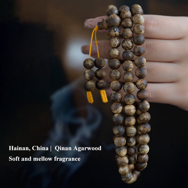 108 Bead White Qinan Agarwood Wood Mala Bracelet Calm Strength