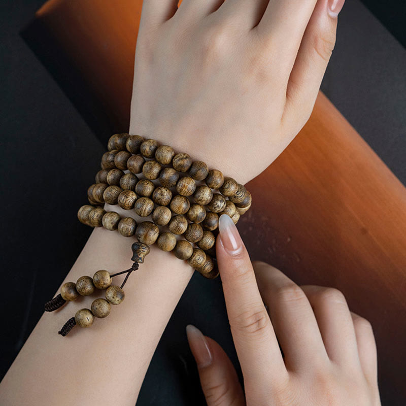 108 Bead White Qinan Agarwood Wood Mala Bracelet Calm Strength