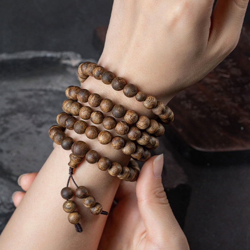 108 Bead White Qinan Agarwood Wood Mala Bracelet Calm Strength