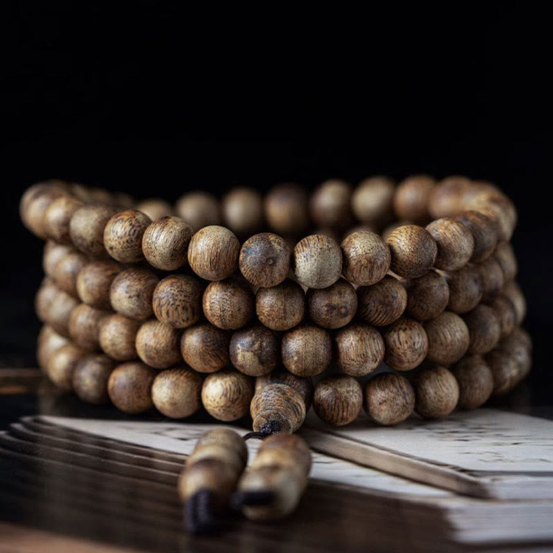108 Bead White Qinan Agarwood Wood Mala Bracelet Calm Strength