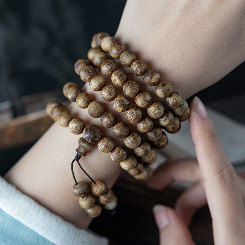 108 Bead White Qinan Agarwood Wood Mala Bracelet Calm Strength