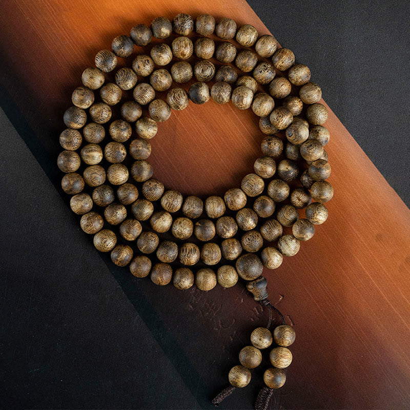 108 Bead White Qinan Agarwood Wood Mala Bracelet Calm Strength
