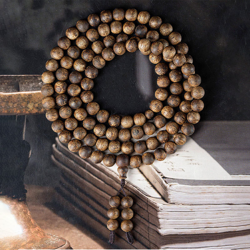 108 Bead White Qinan Agarwood Wood Mala Bracelet Calm Strength