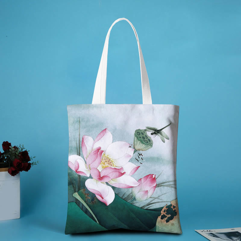 Canvas Lotus Shoulder Bag | Yoga Tote with Lotus Pattern