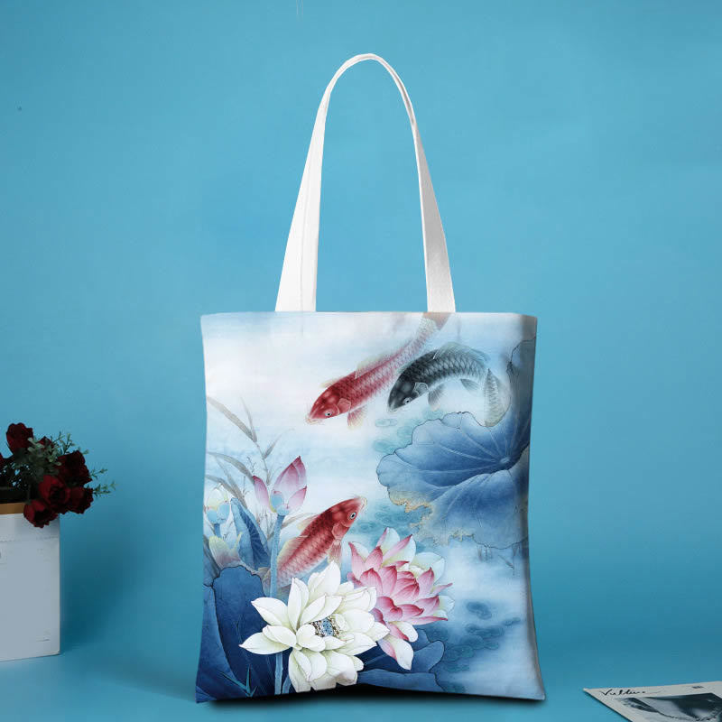 Canvas Lotus Shoulder Bag | Yoga Tote with Lotus Pattern