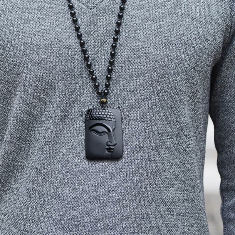 Black Obsidian Buddha Pendant Necklace for Purification & Luck