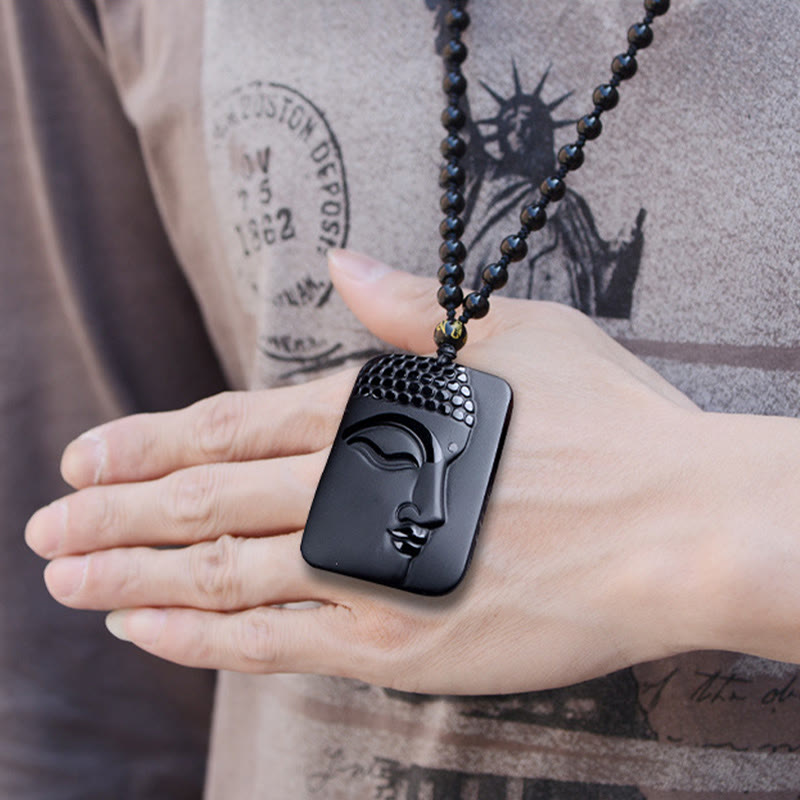 Black Obsidian Buddha Pendant Necklace for Purification & Luck