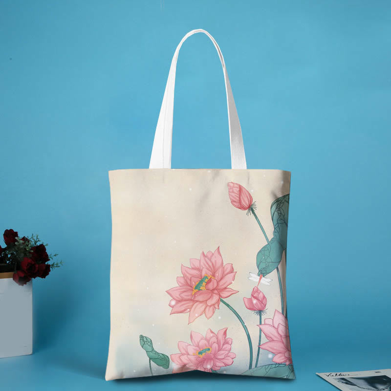 Large Canvas Yoga Tote Bag | Koi Fish & Lotus Art