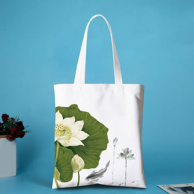 Large Canvas Yoga Tote Bag | Koi Fish & Lotus Art