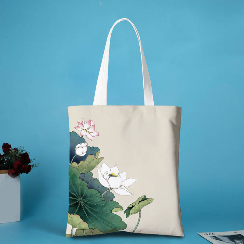 Large Canvas Yoga Tote Bag | Koi Fish & Lotus Art