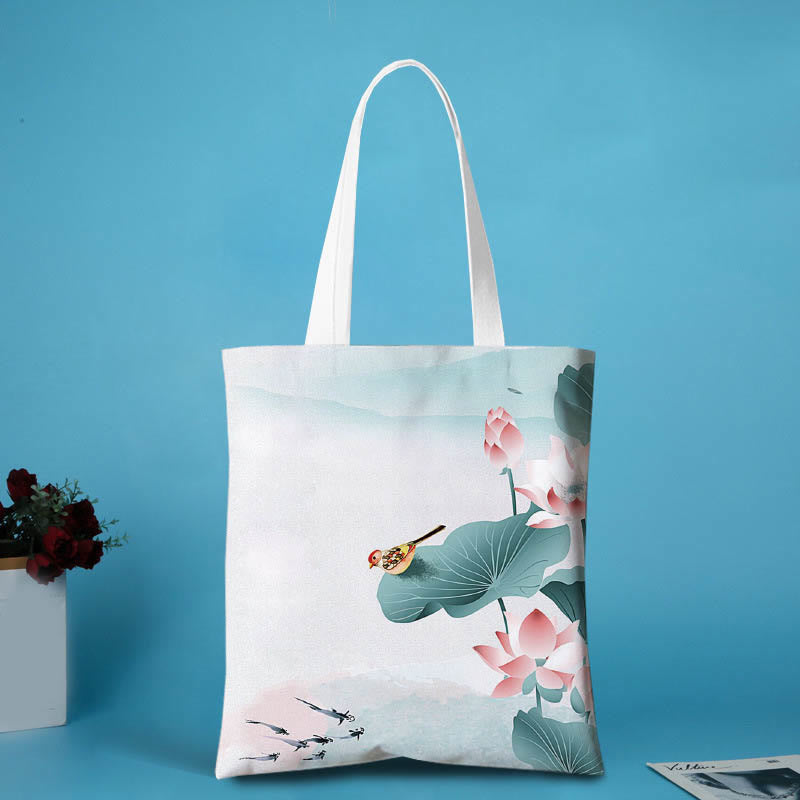 Large Canvas Yoga Tote Bag | Koi Fish & Lotus Art