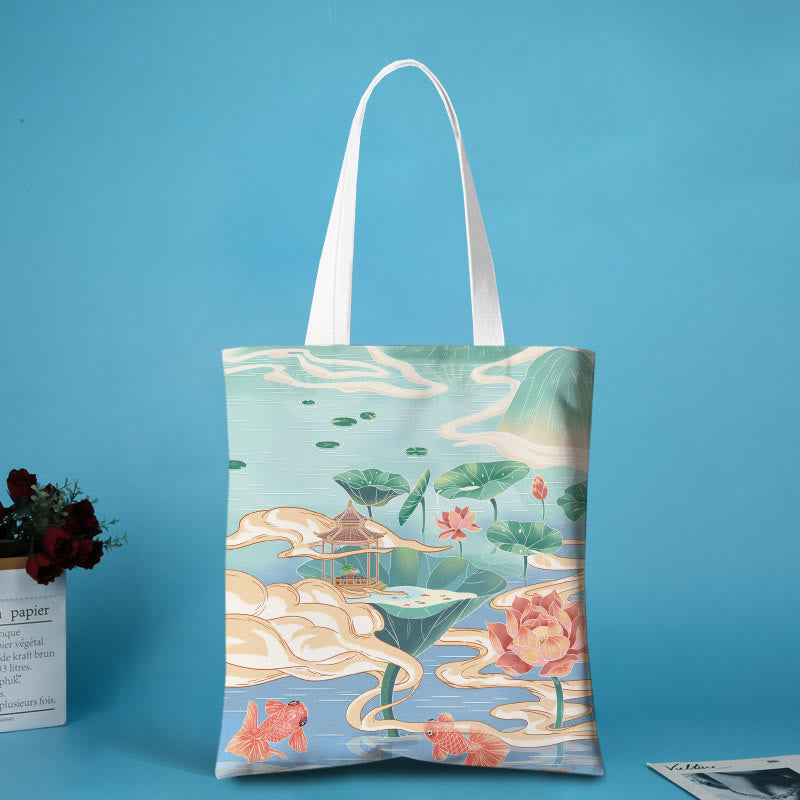 Large Canvas Yoga Tote Bag | Koi Fish & Lotus Art