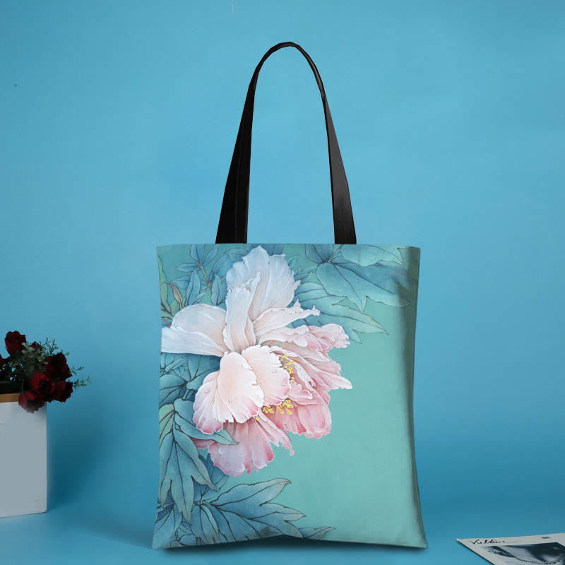 Large Capacity Ink Lotus Dragonfly Canvas Shoulder Bag