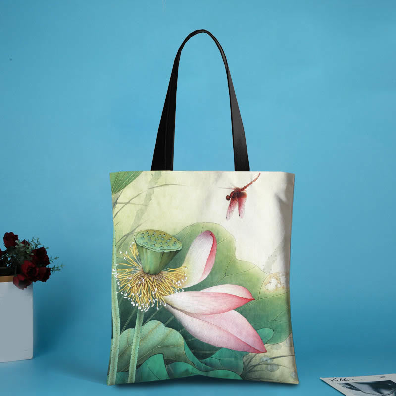 Canvas Ink Lotus Koi Fish Shoulder Bag for Spiritual Harmony