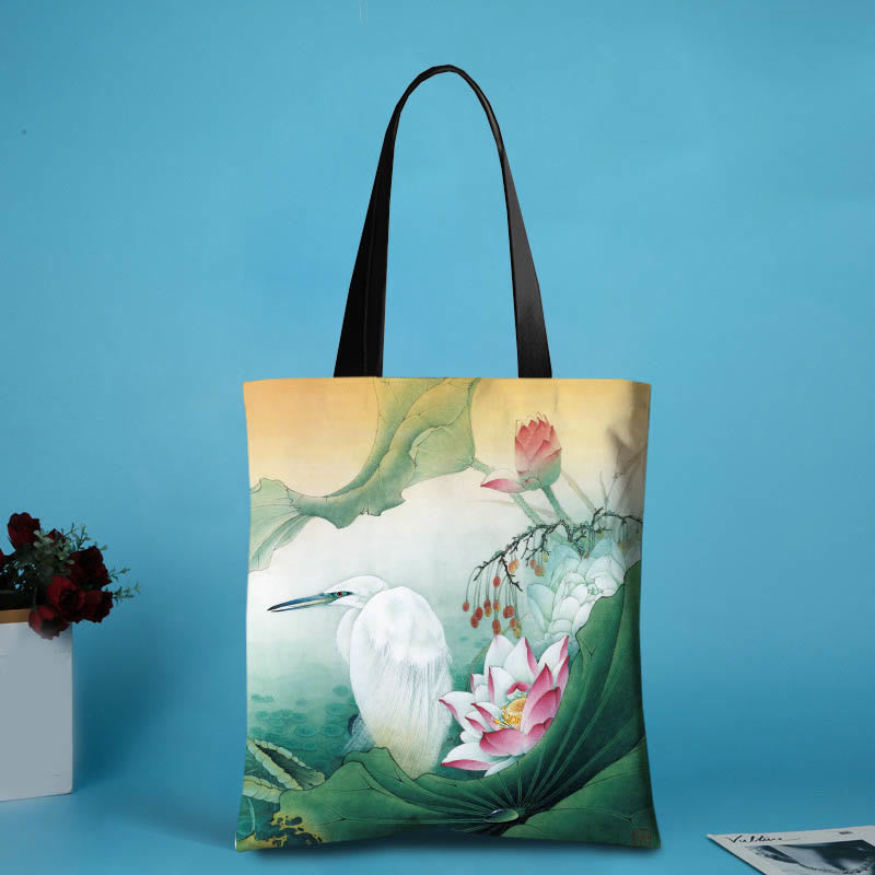 Canvas Ink Lotus Koi Fish Shoulder Bag for Spiritual Harmony