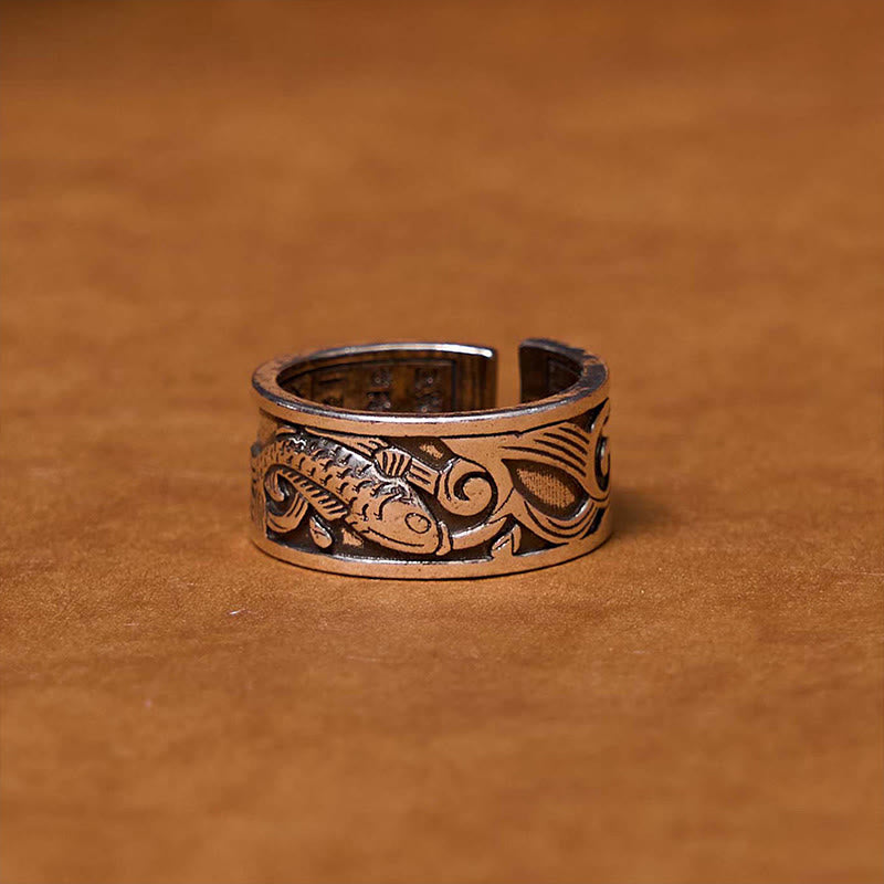 Adjustable Copper Koi Fish Ring with Heart Sutra for Luck & Wealth