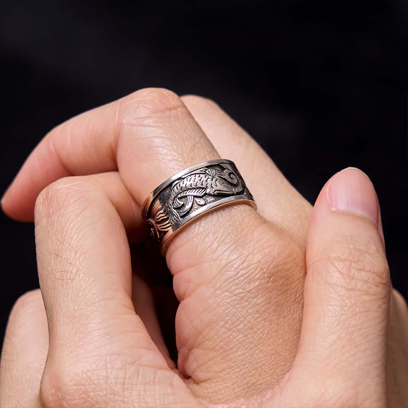 Adjustable Copper Koi Fish Ring with Heart Sutra for Luck & Wealth