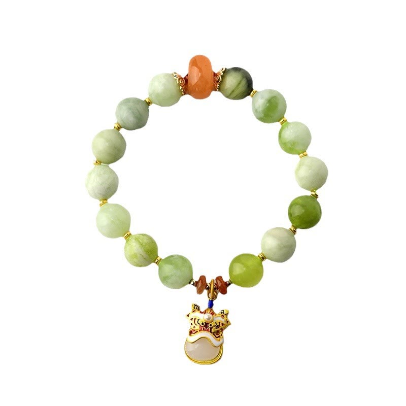 10mm Jade Bracelet with Dancing Lion Charm for Prosperity & Luck