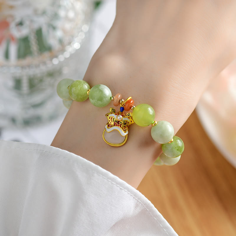 10mm Jade Bracelet with Dancing Lion Charm for Prosperity & Luck