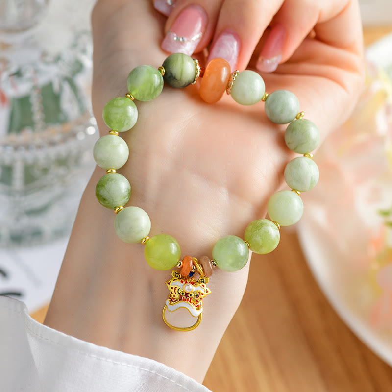 10mm Jade Bracelet with Dancing Lion Charm for Prosperity & Luck