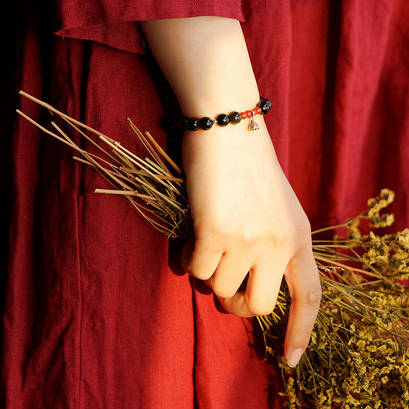 8mm Black Obsidian Lotus Charm Strength Bracelet