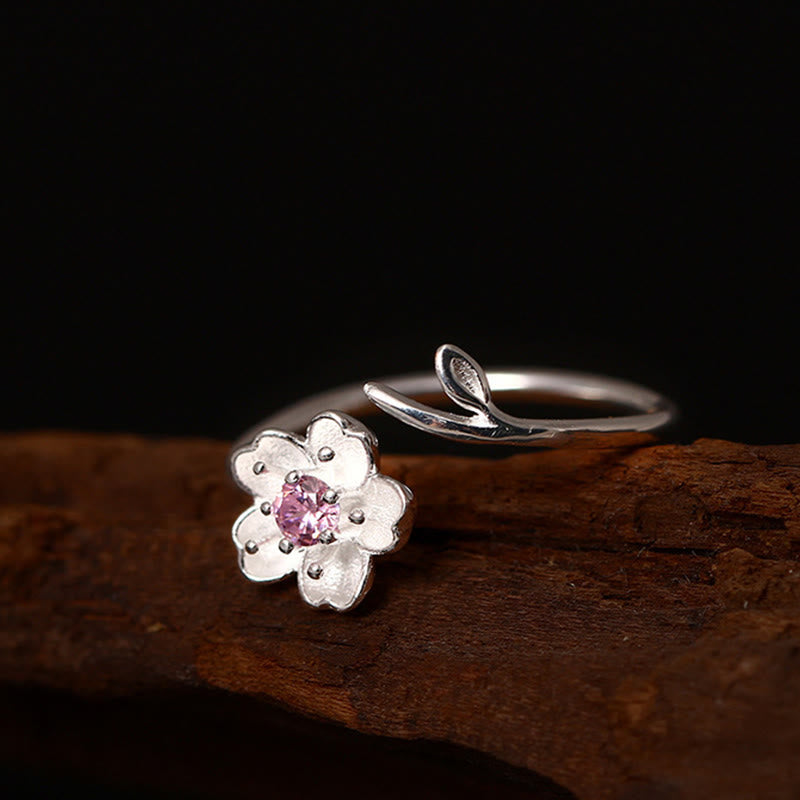 925 Sterling Silver Cherry Blossom Adjustable Spiritual Ring Blessing