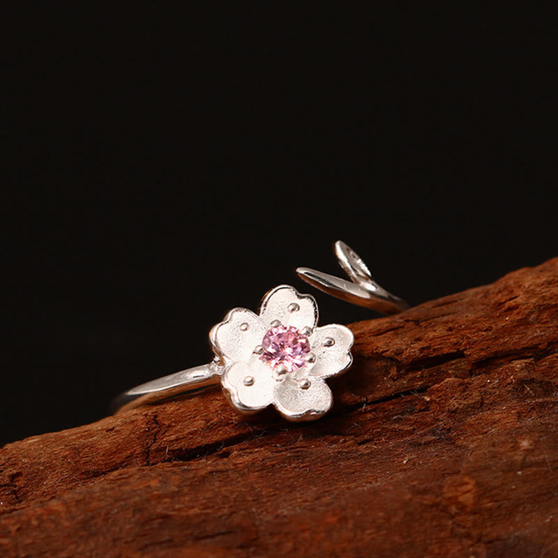 925 Sterling Silver Cherry Blossom Adjustable Spiritual Ring Blessing