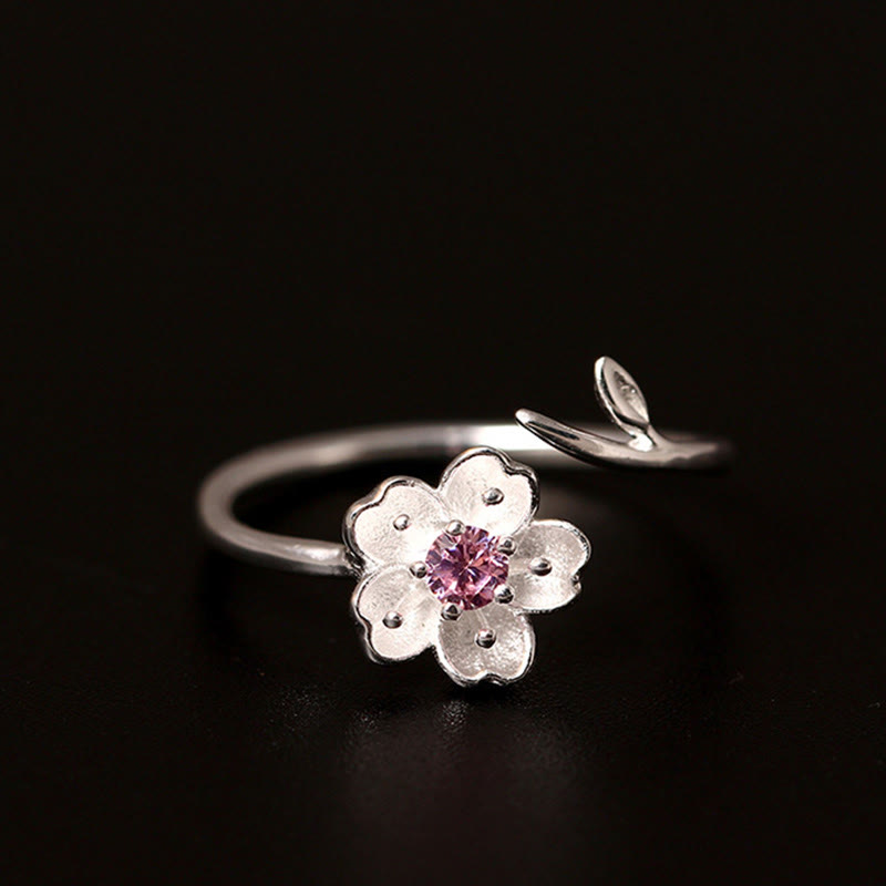 925 Sterling Silver Cherry Blossom Adjustable Spiritual Ring Blessing
