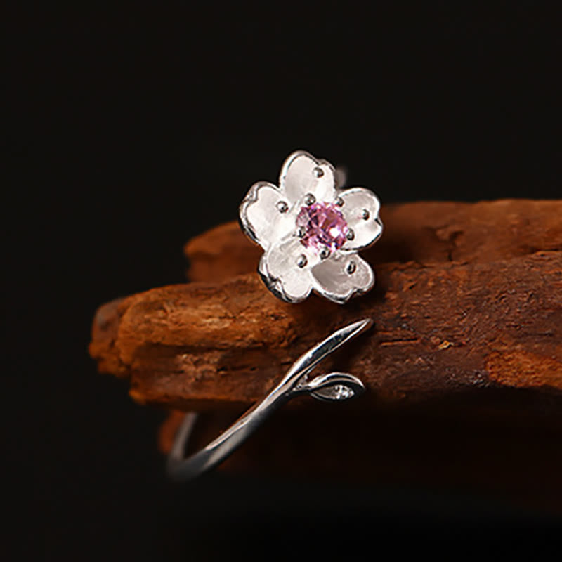 925 Sterling Silver Cherry Blossom Adjustable Spiritual Ring Blessing