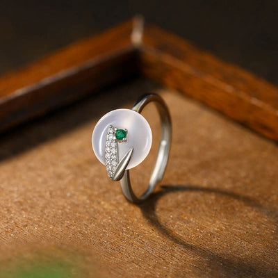 Chalcedony Bamboo Leaf Positive Adjustable Spiritual Ring