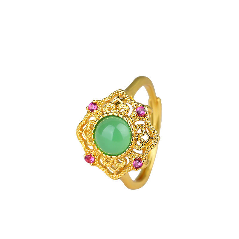 Adjustable Green Chalcedony Strength Ring Hollow Pattern