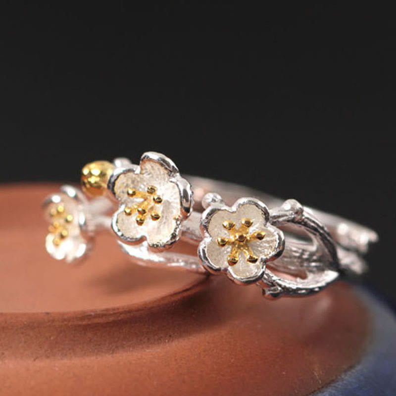 925 Sterling Silver Plum Blossom Calm Ring for Women