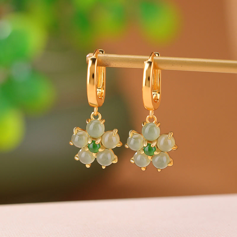 925 Sterling Silver Gold Plated Green Jade Flower Earrings for Prosperity