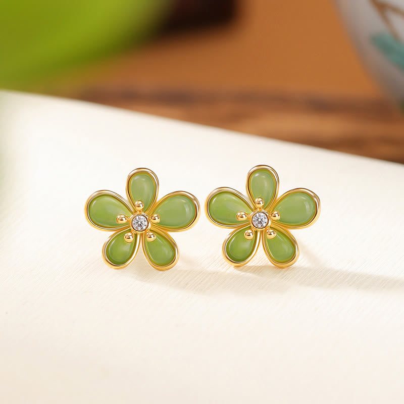 Sterling Silver Hetian Jade Flower Earrings for Abundance & Luck