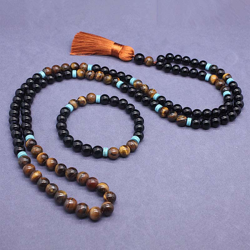 Black Onyx Gemstone Mala Set for Protection & Strength