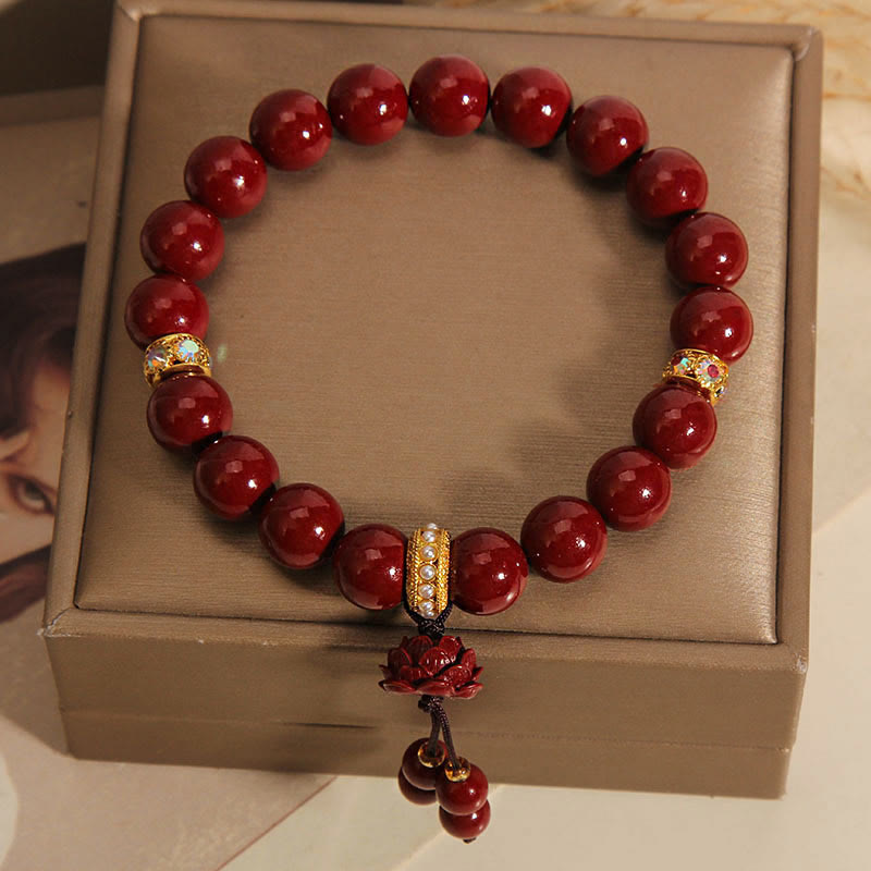 8mm Cinnabar Lotus Blessing Charm Bracelet