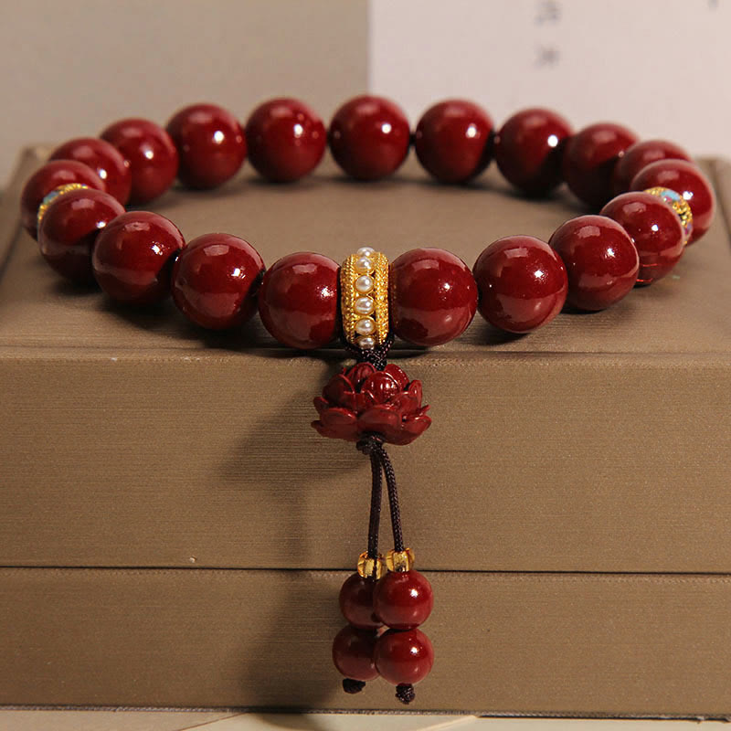8mm Cinnabar Lotus Blessing Charm Bracelet
