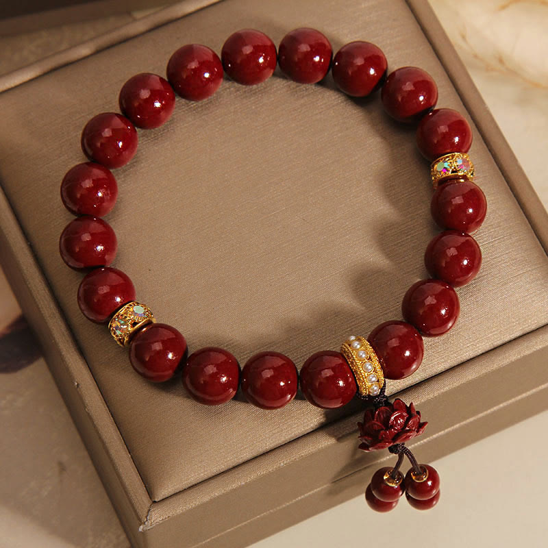 8mm Cinnabar Lotus Blessing Charm Bracelet