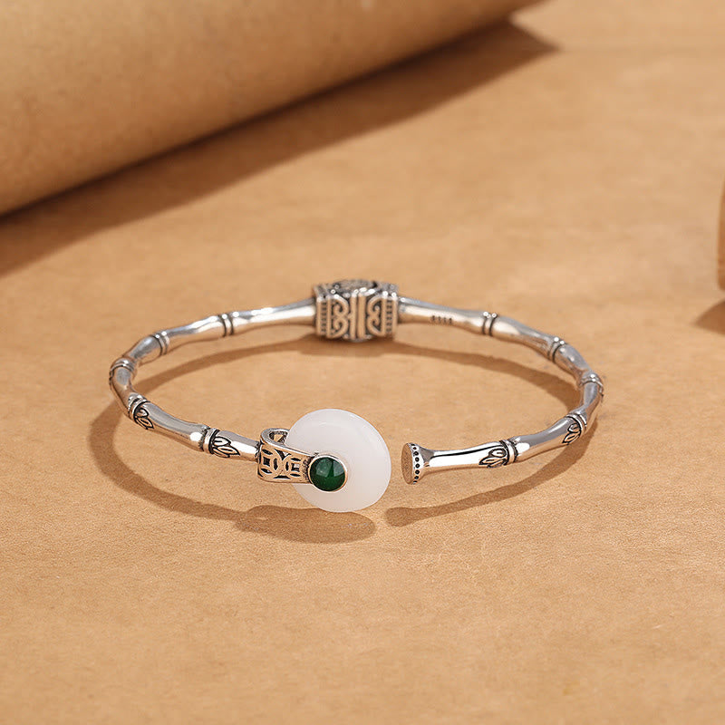 White Jade Copper Cuff Bracelet With Peace Buckle & Bamboo Design