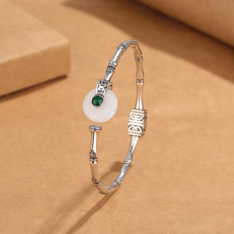 White Jade Copper Cuff Bracelet With Peace Buckle & Bamboo Design