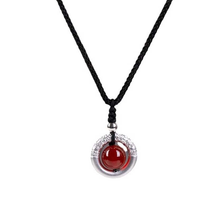 999 Sterling Silver Red Agate Peace Buckle Necklace for Protection