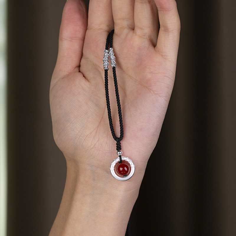 999 Sterling Silver Red Agate Peace Buckle Necklace for Protection